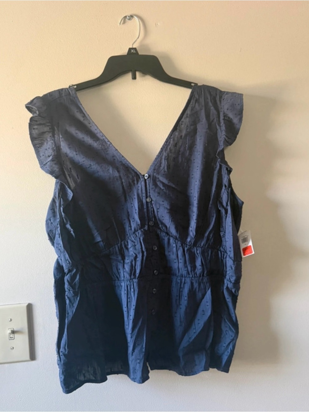 Navy blue button up blouse with ruffle sleeves #feminine #blouse